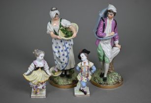 Two antique Continental porcelain figures of street-vendors, to/w a pair of (probably) Samson of