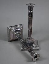 A pair of Victorian plated on copper cluster-column candlesticks on moulded square bases, 30cm high;