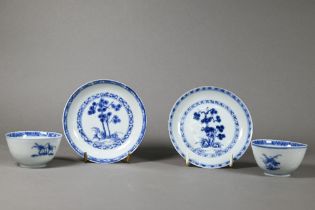 Two 18th century Chinese Nanking Cargo 'Blue Pine' pattern tea bowls and saucers, all with '