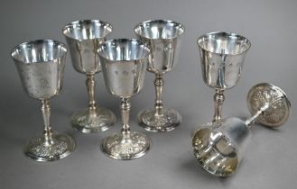 A set of six heavy quality silver goblets on baluster stems with vine-chased bases, C.J. Vander Ltd,