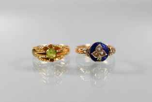 Two Victorian 18ct yellow gold rings, one with blue enamel and seed pearls, size O the other set