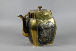 An early 20th century Chinese brass square teapot and cover with swing handle, the body embossed and