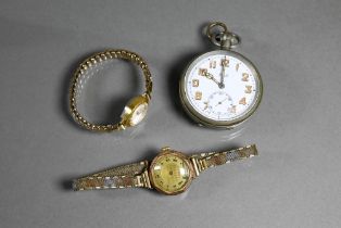 An Ingersoll ladies gilt cased wristwatch to/with an unbranded vintage wristwatch and a Limit fob