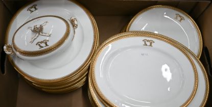 A Victorian china part dinner service with gilt double crests and rims, by John Mortlock (London),