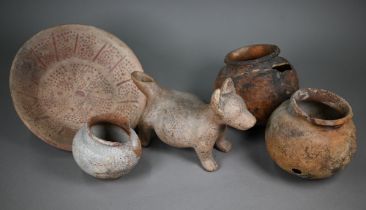 A Mexican earthenware replica Colima Dog ritualistic ewer, 29 cm long (cracked beneath) to/w a 29.