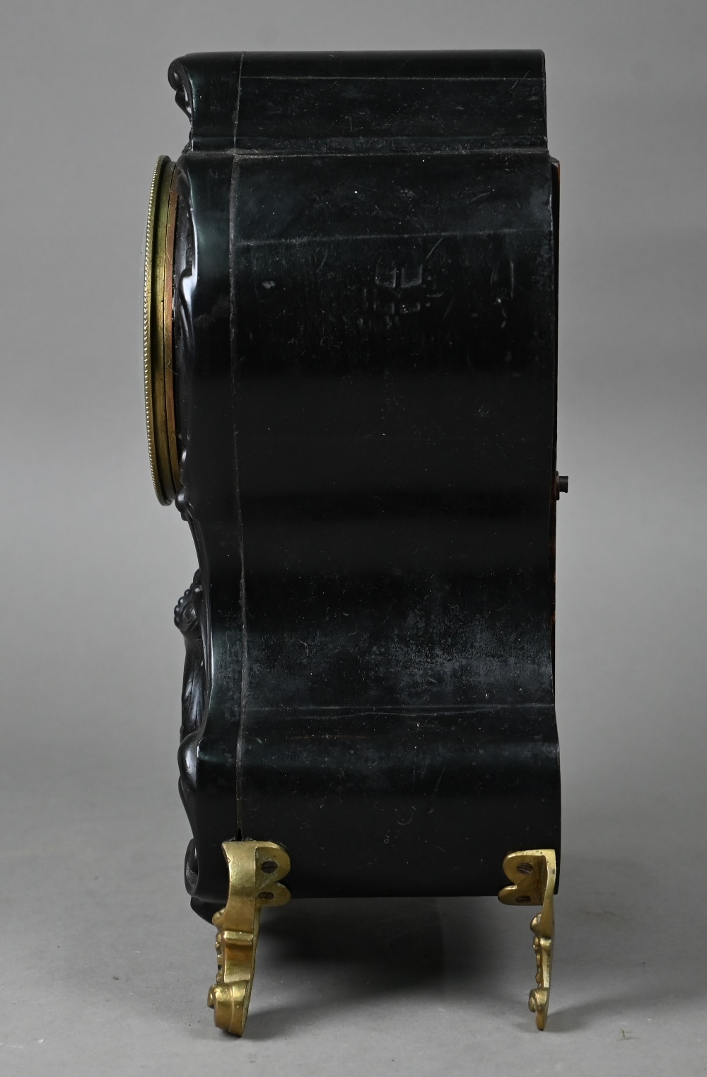 Late 19th century Rococo style French mantel clock, with ebonised case, the twin train eight day - Image 4 of 6