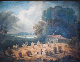 English school - Landscape at harvest time, oil on canvas, inscribed 'Constable' to reverse, 23 x 29