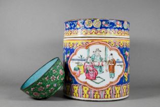 A 19th century Chinese famille rose cylindrical jar and cover or caddy, painted in polychrome