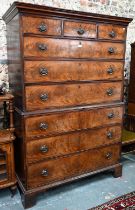 A Georgian figured mahogany chest on chest, three short drawers oven six long graduated  drawers,