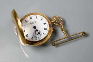 An 18ct gold cased small half hunter fob watch by J W Benson, the white enamelled dial with roman