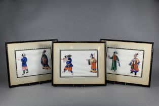 Three 19th century Chinese pith paintings of various figures depicting customs, culture and costume,