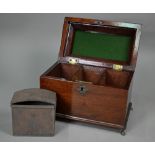 A Georgian three-division caddy-topped box, the hinge top with folding brass handles, raised on cast