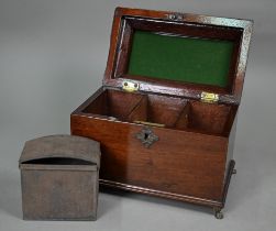 A Georgian three-division caddy-topped box, the hinge top with folding brass handles, raised on cast