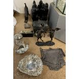 Bronze boxing hares together with a bronze cat, carved African figures, painted box,