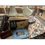 A floral patterned quilt, together with two handbags, pine box,