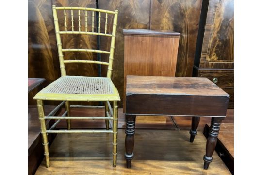 A Victorian commode of rectangular form on turned legs together with a faux bamboo chair