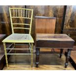 A Victorian commode of rectangular form on turned legs together with a faux bamboo chair