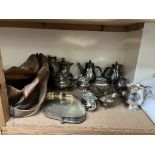 An electroplated four piece teaset together with other electroplated items and a bag