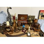 A Sportstar stop watch together with Balinese carved heads, other carvings, coins, lacquer box,