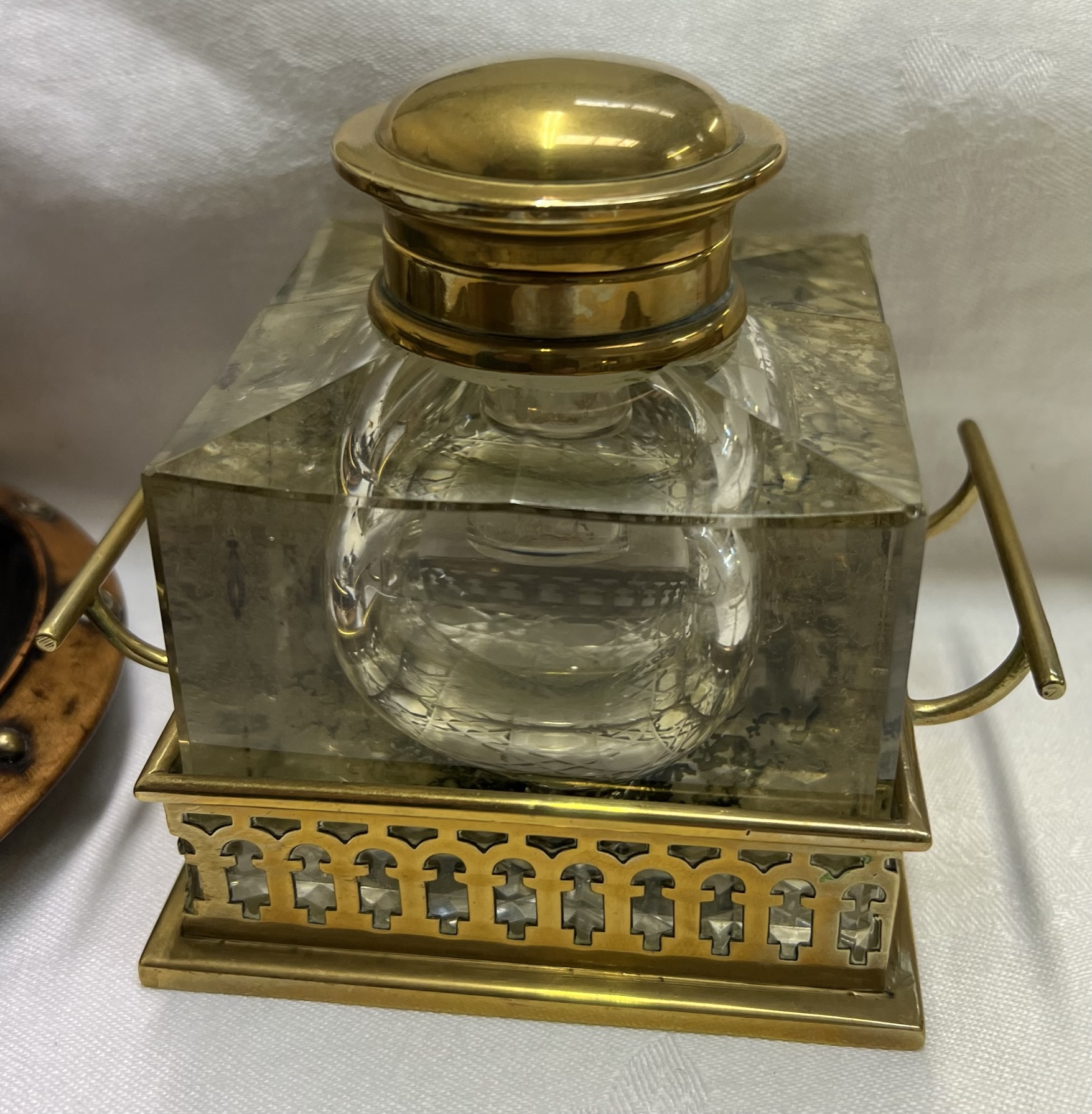 A brass and glass desk inkwell together with two other inkwells and a treen nut cracker - Image 2 of 4