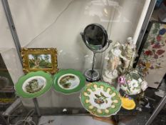 A floral painted plate together with a pair of pottery plates and a shaving mirror,