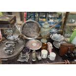 An electroplated three piece tea set together with electroplated trays,