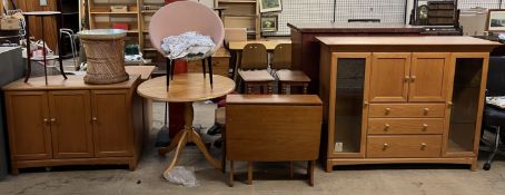 A collection of modern furniture including a sideboard, carved occasional table,