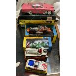 A collection of model vehicles including a Schuco Mercedes TYP SSK micro racer,