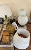Studio pottery and brass table lamps together with coasters etc