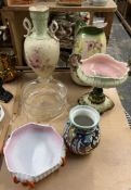 A Majolica pedestal dish together with a pottery twin handled vase, pottery jug, glass bowl,