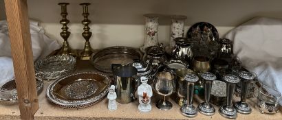 A pair of brass candlesticks together with assorted electroplated items, pottery vases,