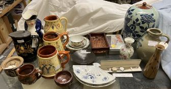 A Donald Mills jug together with Pennsylvania Dutch USA Maiolica jugs, Chinese vase and cover,