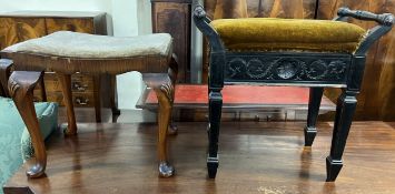 An Edwardian ebonised piano stool with hinged seat on square tapering legs together with a walnut
