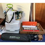 A Thetford Porta Potti together with a tent, sprayer, garden tool set, potato ricer, apples tray,