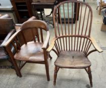 A stick back Windsor chair together with a captains chair