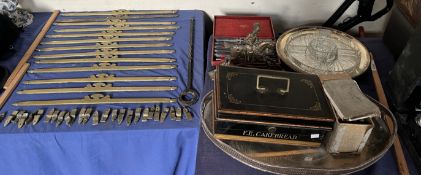 Brass stair rods and fittings and a poker, electroplated tray,