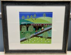 Gordon Barker Park scene with train in background Acrylics Signed 28.5 x 28.