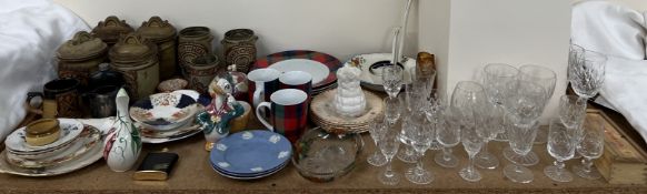 Stoneware kitchen storage jars together with Gaudy Welsh plates,