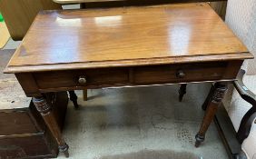 A Victorian mahogany side table with a moulded rectangular top above two drawers on turned legs