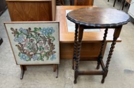 An oak occasional table with barley twist legs together with an embroidered fire screen / table