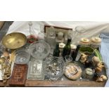 Wade pottery spirit barrels together with glass decanters, inlaid box,