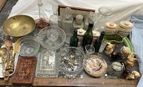 Wade pottery spirit barrels together with glass decanters, inlaid box,