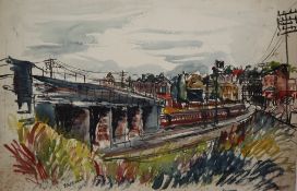 Attributed to James Lawrence Isherwood Railway Junction Mixed media 38cm x 57cm Signed