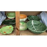 Three Portuguese cabbage leaf dishes together with a melon bowl, Beswick ware salad bowl,