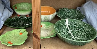 Three Portuguese cabbage leaf dishes together with a melon bowl, Beswick ware salad bowl,