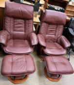 A pair of brown leather swivel chairs with footstools