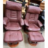 A pair of brown leather swivel chairs with footstools