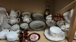 Two carnival glass bowls, together with a glass liqueur set,