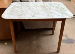 A mid 20th century faux marble topped dining table on square legs, 90cm wide x 55.