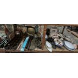 Assorted tools, brass trays, and advertising signs together with pottery tureen and cover,